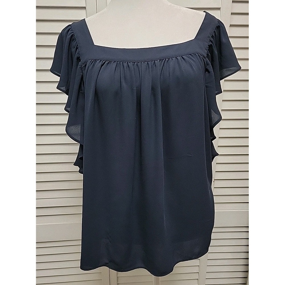 Ann Taylor SZ M Navy Blue Flutter Sleeve Blouse Sheer Square Neck line